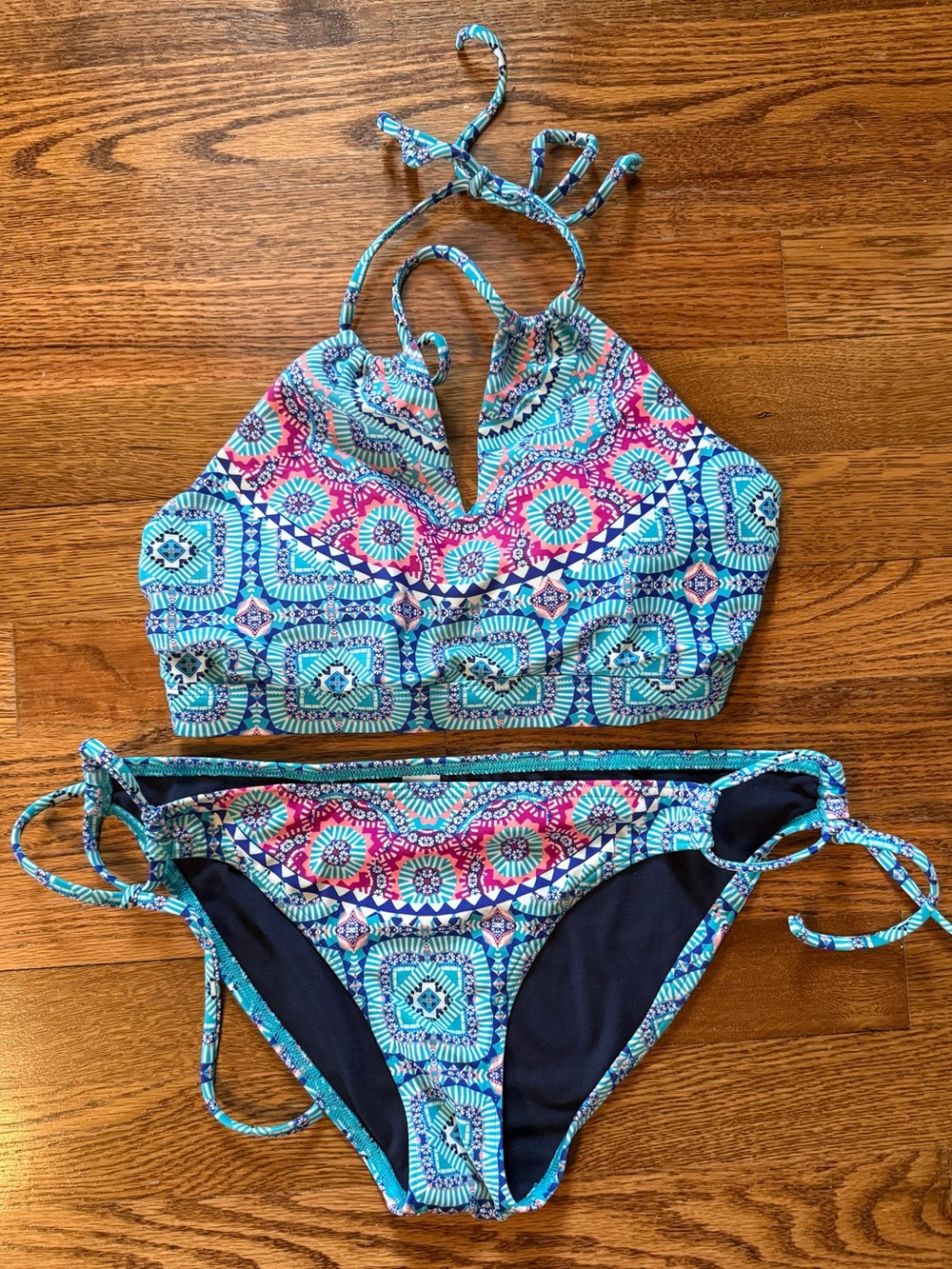 Athleta Blue & Pink Patterned Halter Bikini Set (XS top + S bottom)